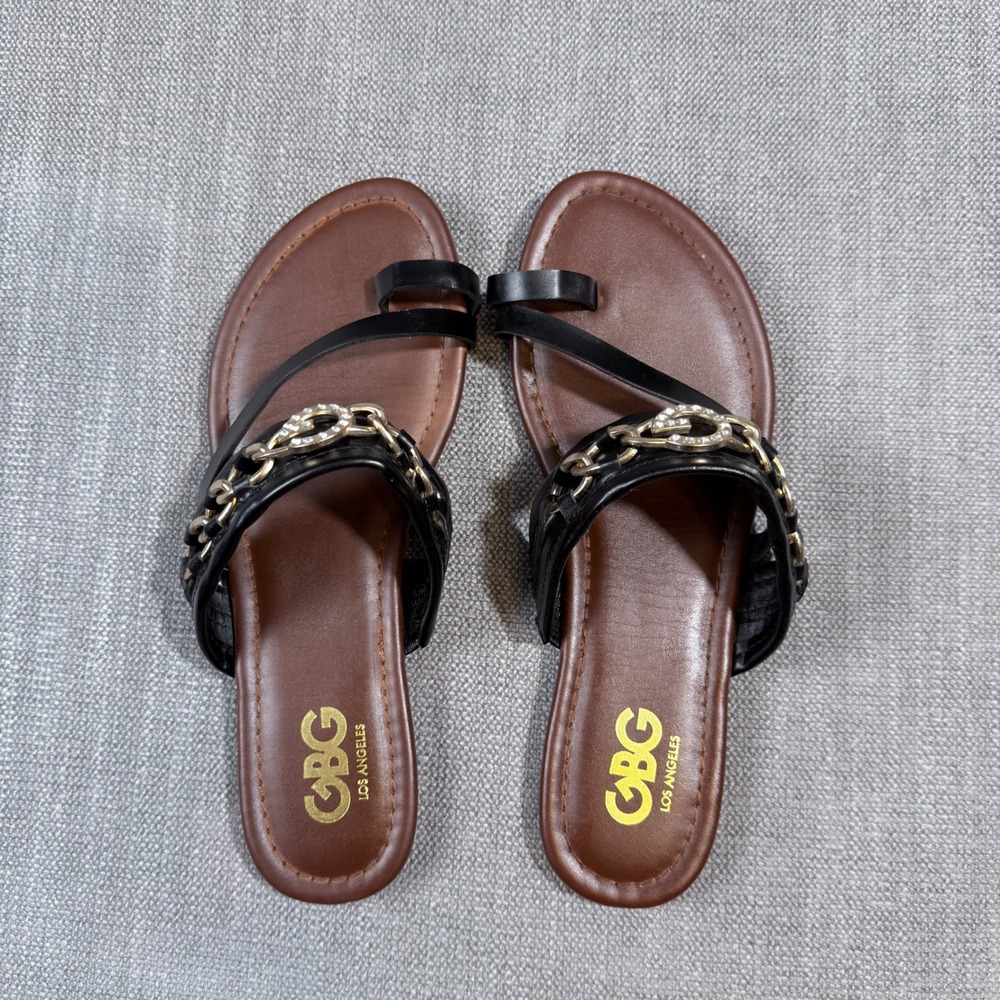 GBG Los Angeles Womens Black Brown Chain Rhinestone Toe Loop Sandals Size 8M - Picture 3 of 4